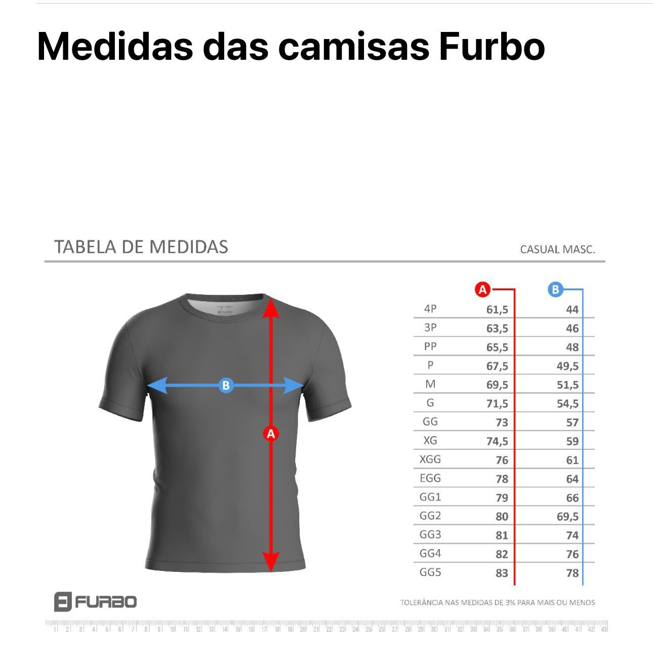 Tabela de tamanhos da camiseta 2ª Meia Maratona das 4 Pontes de Indaial 2026